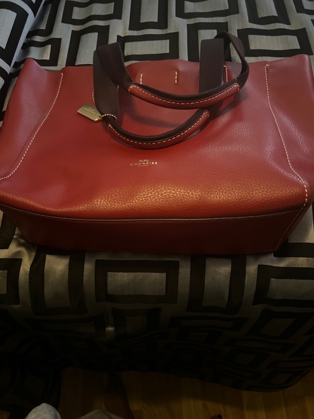 Coach Red Pebbled Leather Tote with Contrast Handles